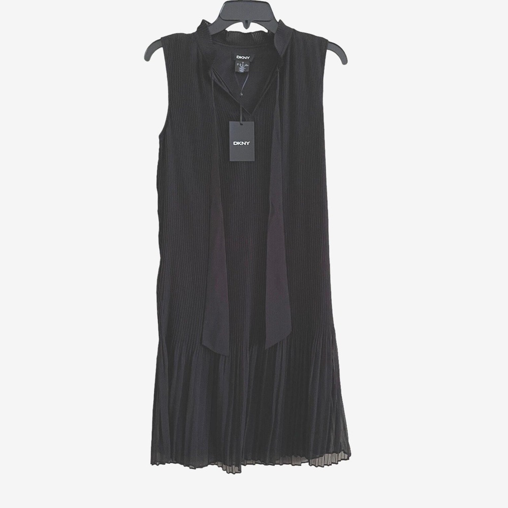 DKNY Women Pleated Sleeveless Tie Neck Ruffle Shift Dress Size 6 NWT